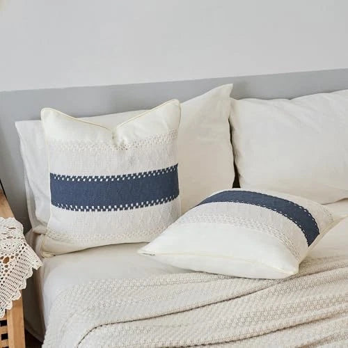 Throw Pillow Covers Set of 2 for Boho Living 20" x 20" (Pack of 2) Beige Blue