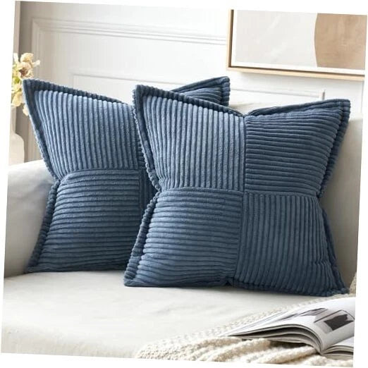 Corduroy Pillow Covers 20x20 Inch with Splicing Set 20" x 20" (Pack of 2) Blue