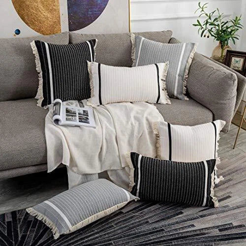 Modern Throw Pillow Cover with Tassels, Decorative Lumbar 12 x 20 Inches Gray