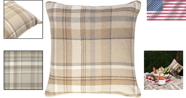 Decorative Throw Pillow Cover Beige Tartan 17x17 for Ranch and Country