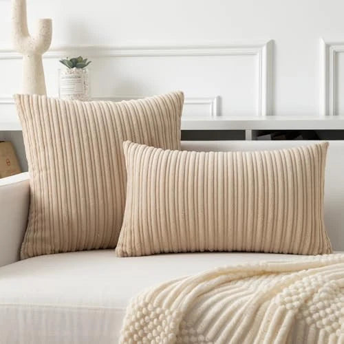 Kevin Textile Corduroy Pillow Covers 12x20 Inch Set 20" x 12" (Pack of 2) Beige