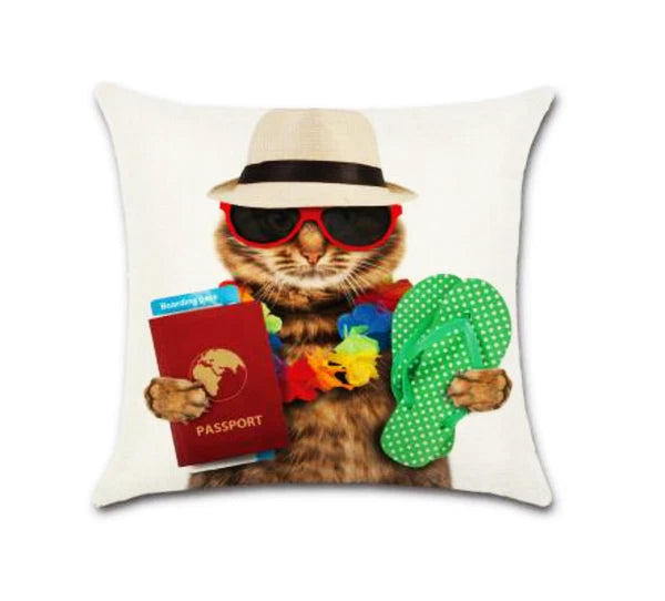 Set of 2 Pillow Covers 18x18, Cats Bath and Travel Design, Cotton Linen Fabric