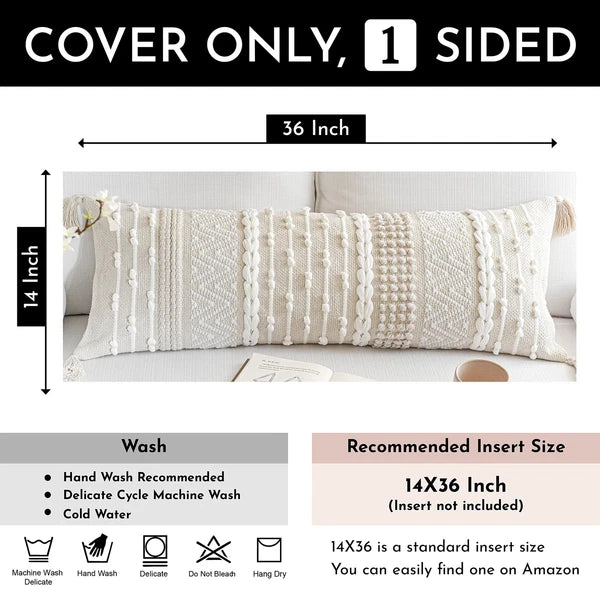 Cream Decorative Lumbar Throw Pillow Cover 14x36 Boho Long Cushion for Bed Ne...