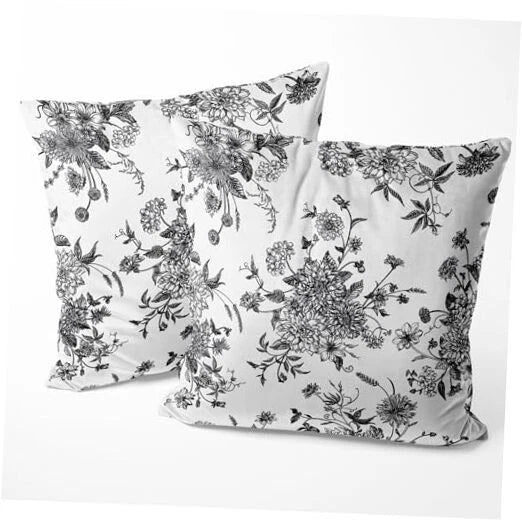 Black and White Floral Pillow Covers Home 18" x 18" (Pack of 2) Floral Black