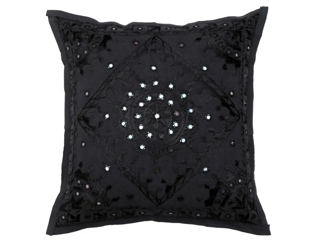 16" Decorative Mirror Embroidered Pucca Cushion Pillow-Cover Sofa Throw Black