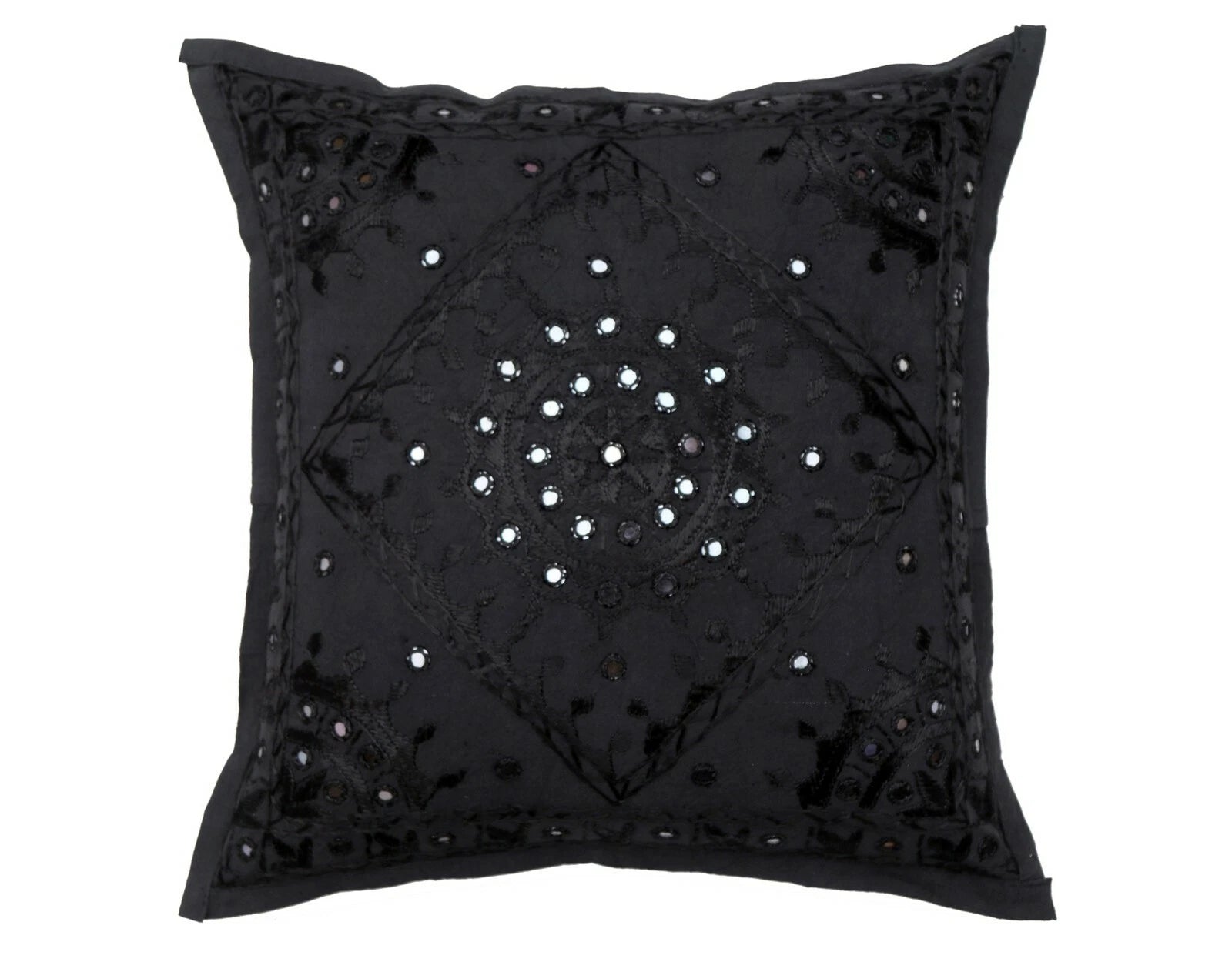 16" Decorative Mirror Embroidered Pucca Cushion Pillow-Cover Sofa Throw Black
