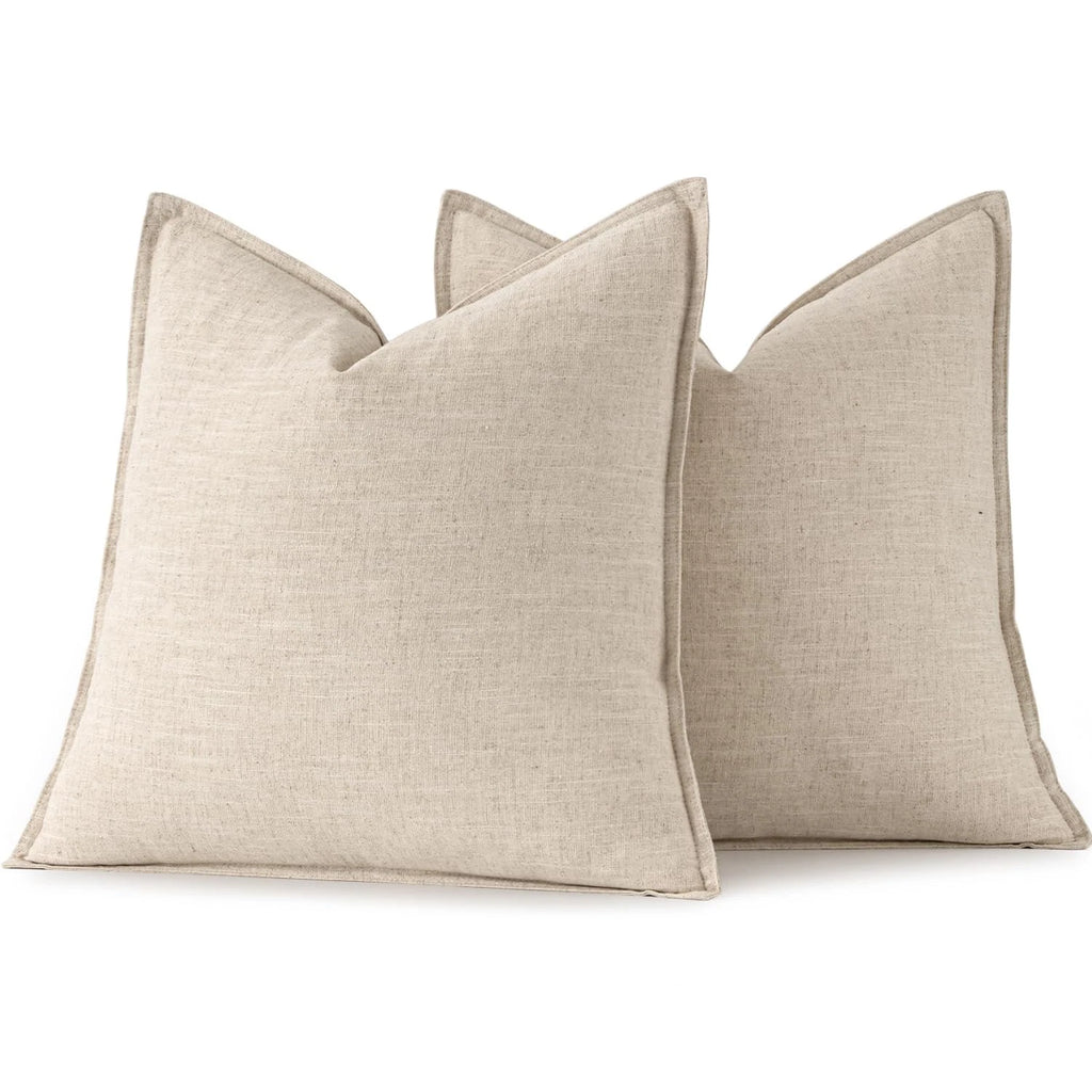Decorative Linen Pillow Covers 20x20 Inch Natural Beige Boho Farmhouse Neu...