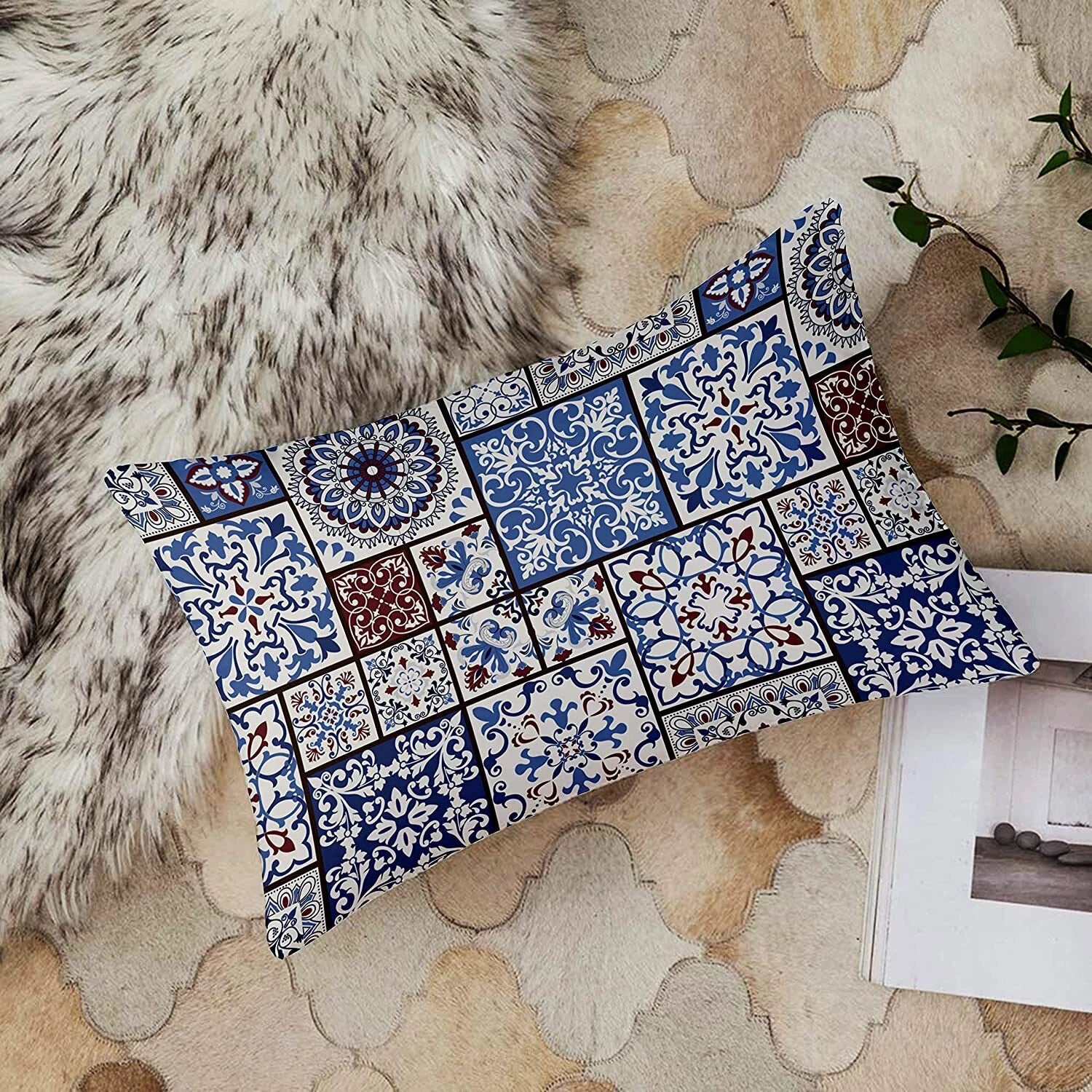 Printed Canvas Cotton Blue Brown Rectangular Cushion Covers,Set of 2 ,12 x 18 In