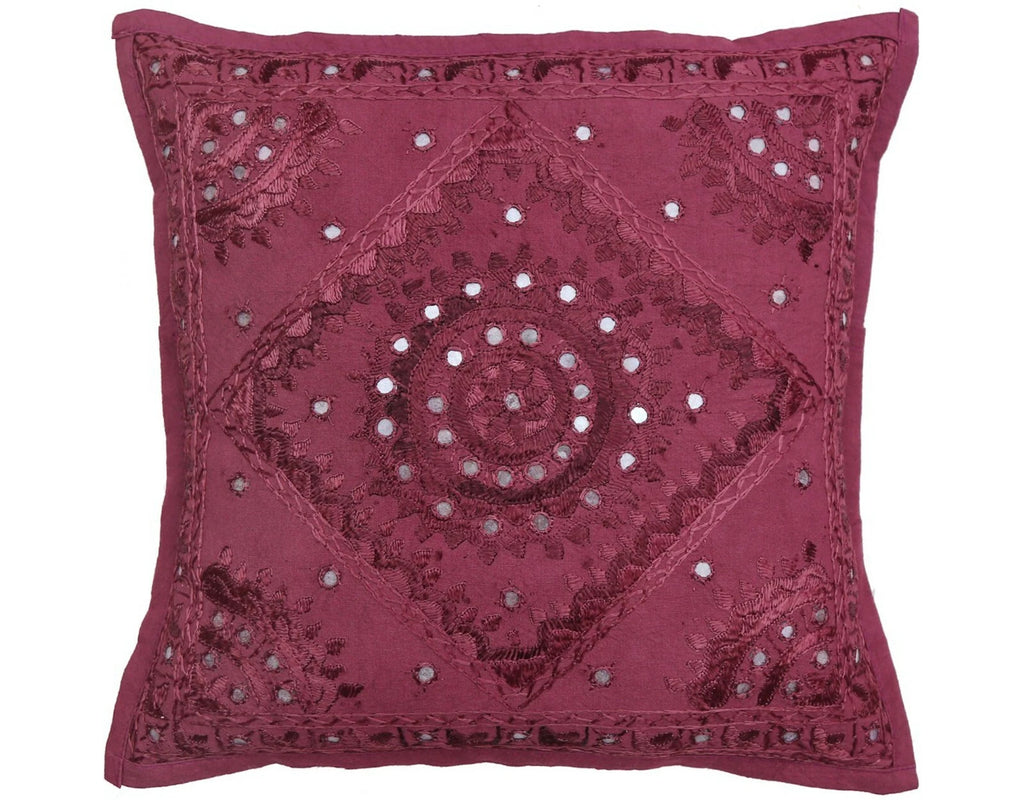 16" Decorative Mirror Embroidered Pucca Cushion Pillow-Cover Sofa Throw Wine Red