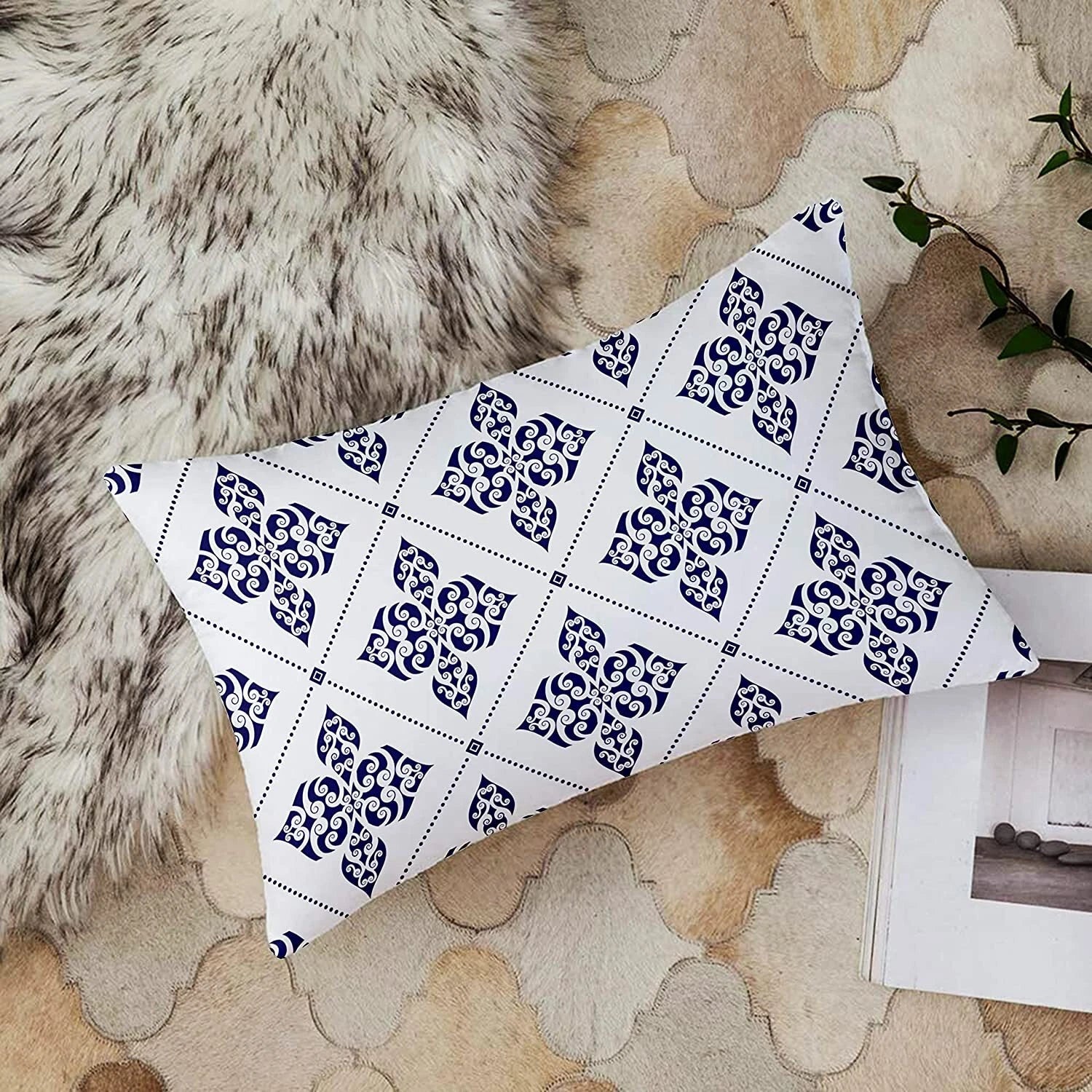 Printed Canvas Cotton Blue Brown Rectangular Cushion Covers,Set of 2 ,12 x 18 In