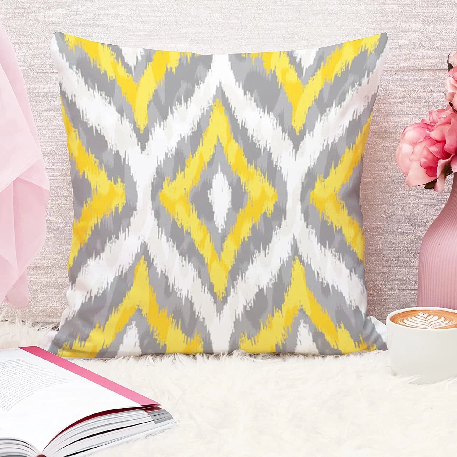 Yellow Grey Printed Canvas Cotton Cushion Covers, Yellowgrey Combo Set of 5