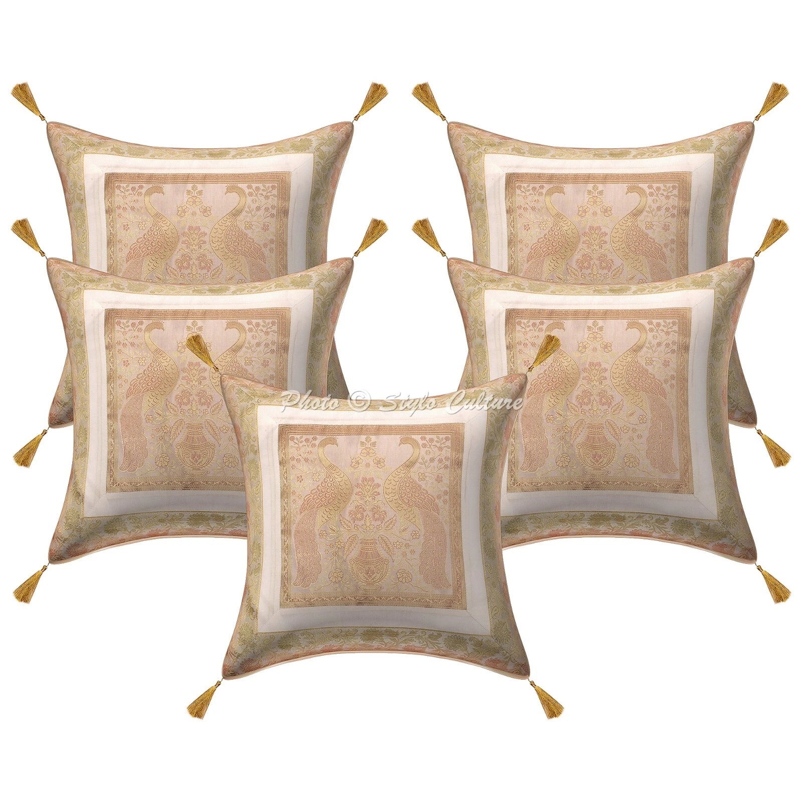 White Cushion Cover Brocade Jacquard Gypsy Boho Tribal Ethnic Hippie Pillow