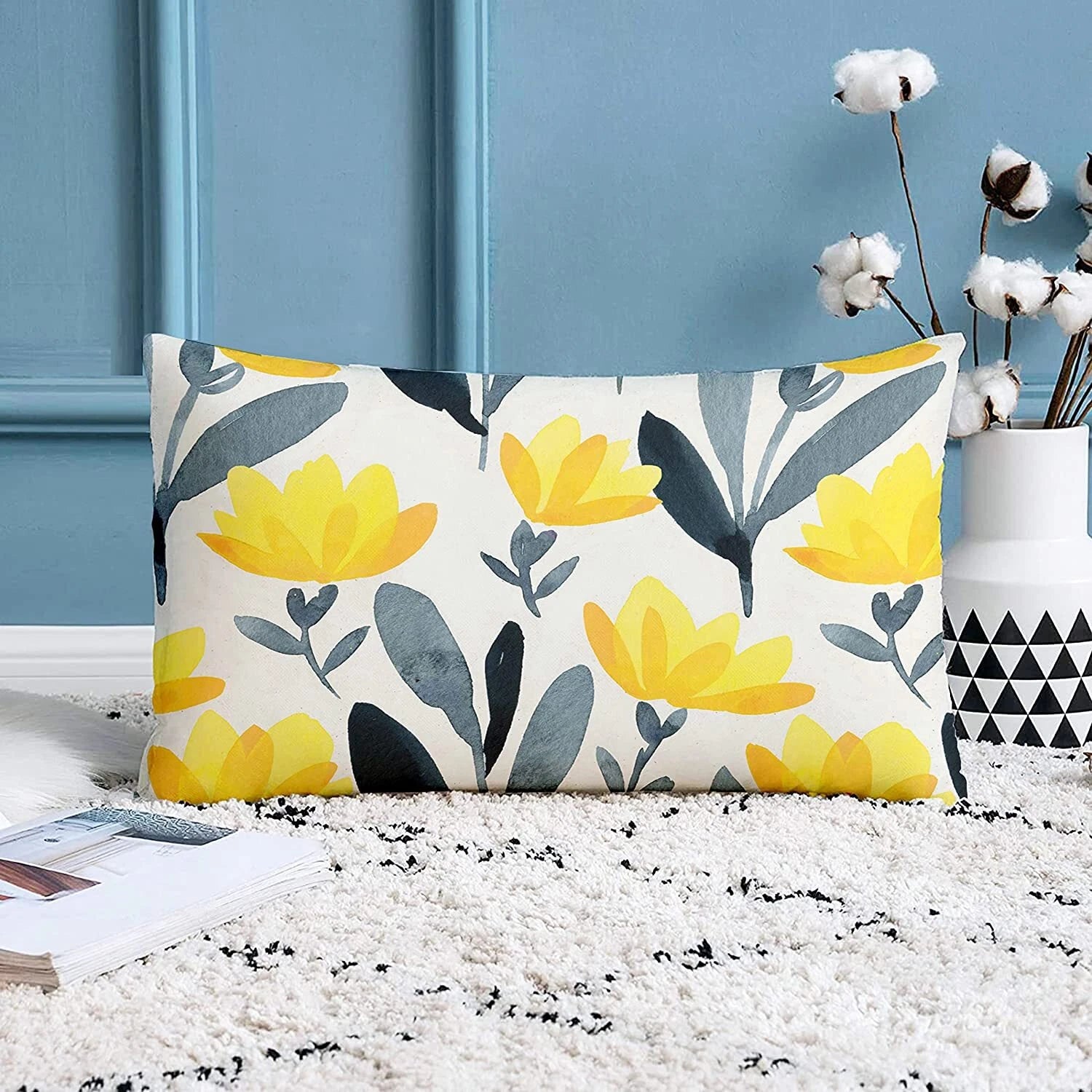 Yellow Grey Printed Canvas Cotton Cushion Covers, Yellowgrey Combo Set of 2