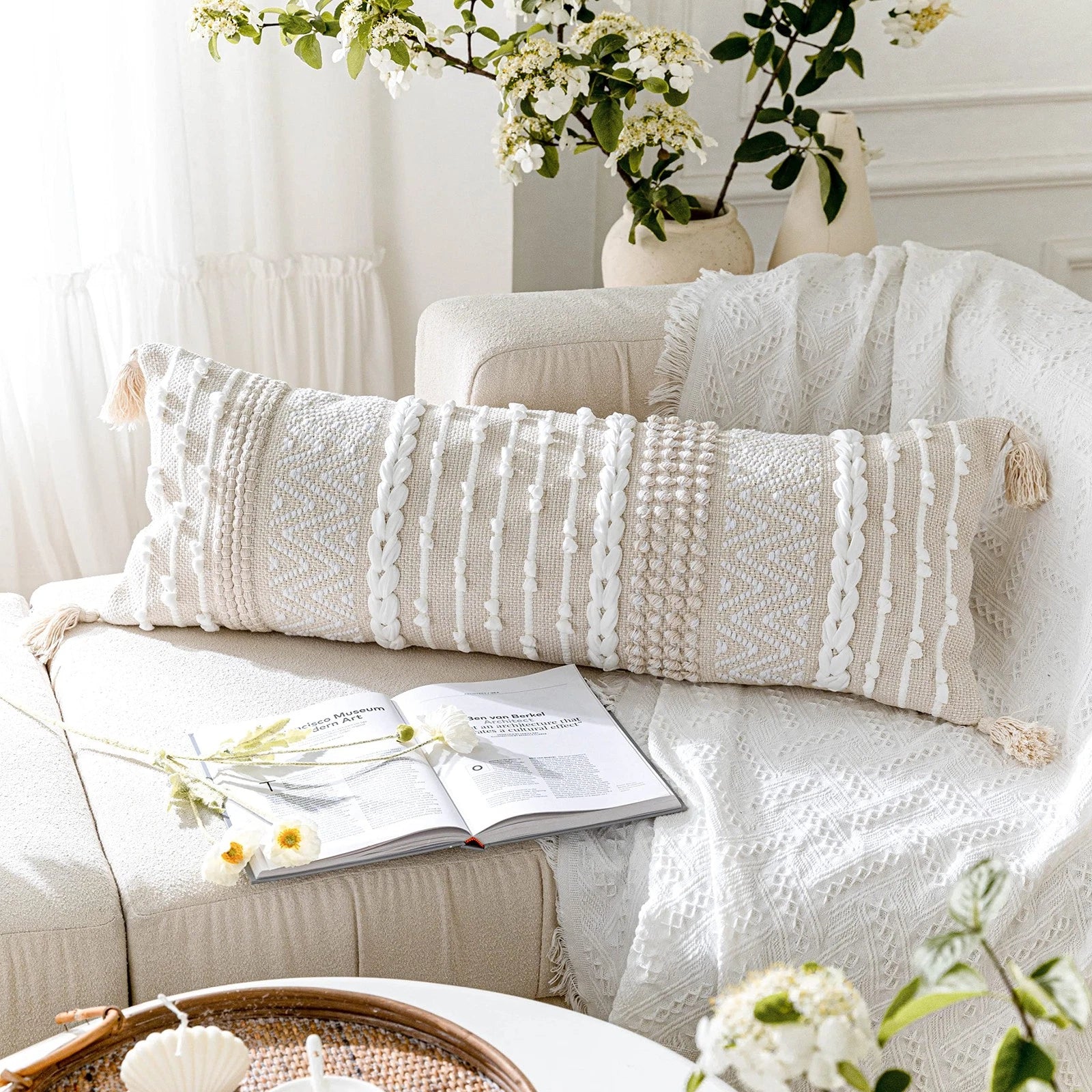 Cream Decorative Lumbar Throw Pillow Cover 14x36 Boho Long Cushion for Bed Ne...