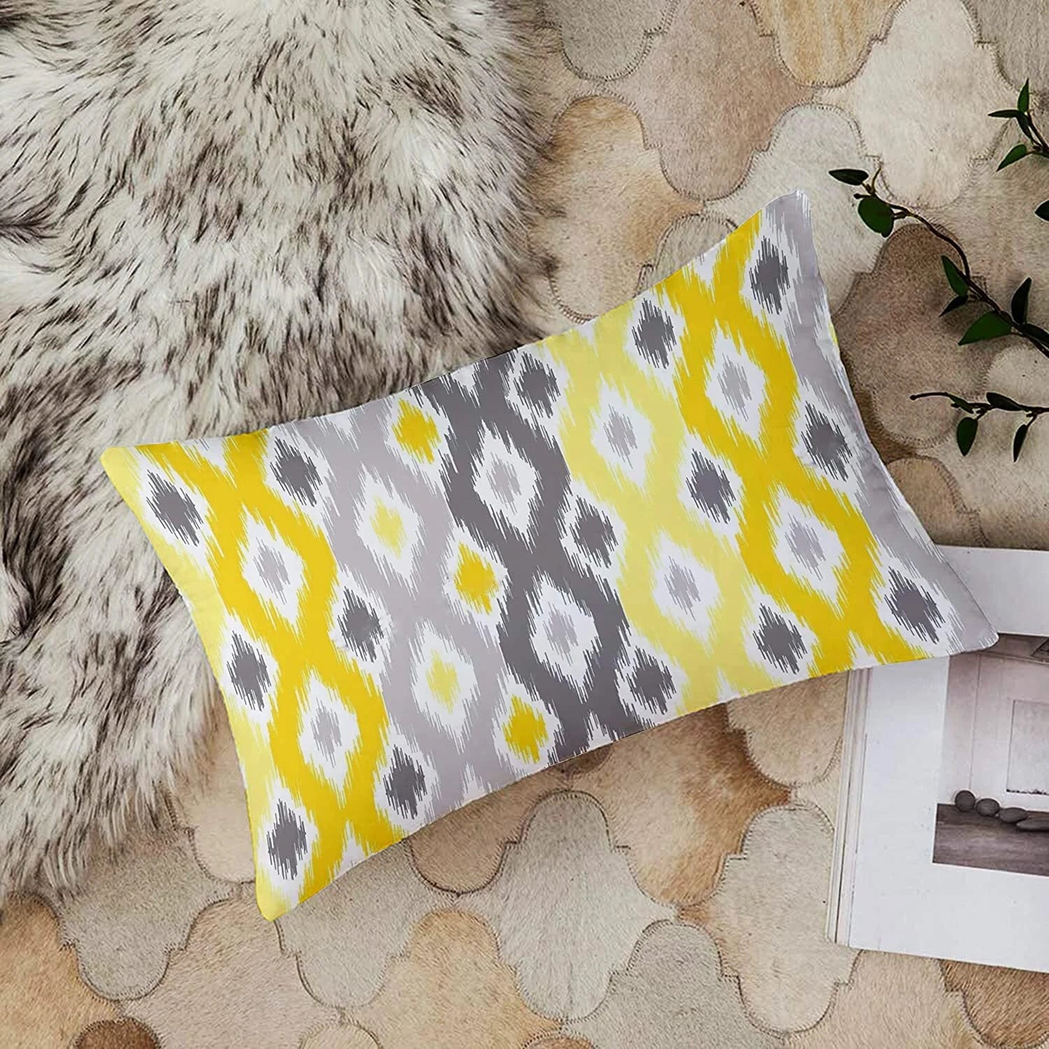 Yellow Grey Printed Canvas Cotton Cushion Covers, Yellowgrey Combo Set of 2