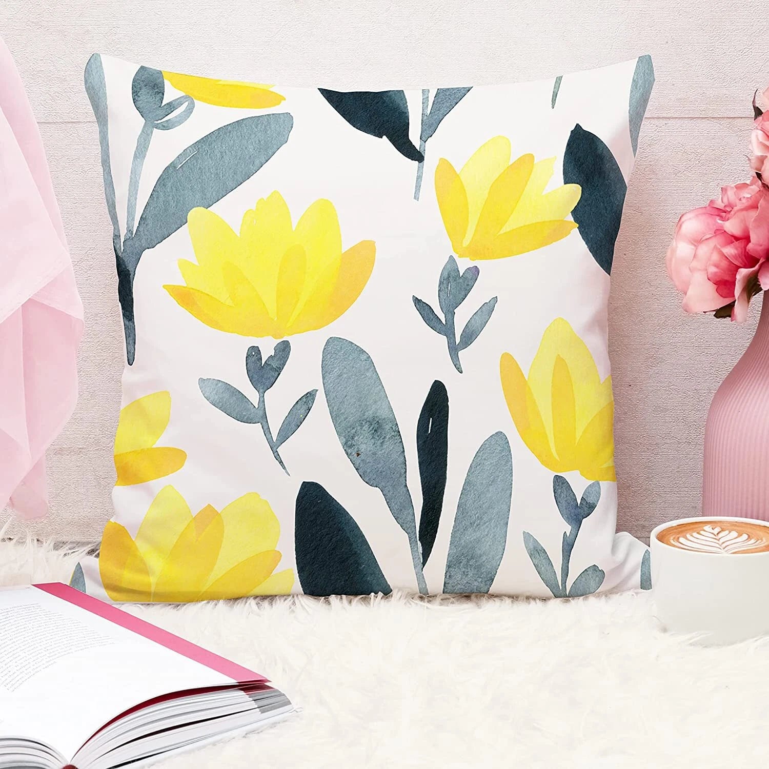 Yellow Grey Printed Canvas Cotton Cushion Covers, Yellowgrey Combo Set of 5