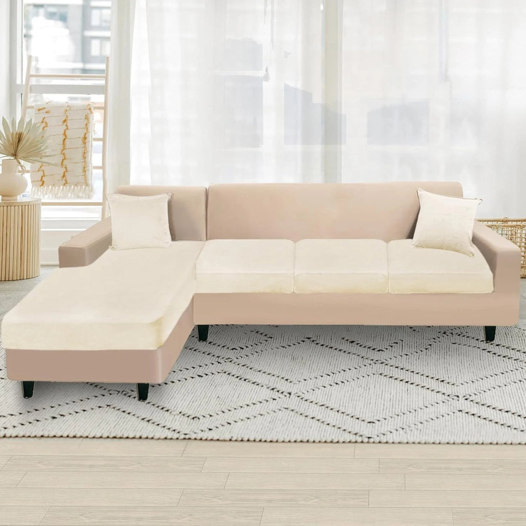 Universal Stretch Velvet L-Shape Couch Slipcovers with 2 Pillowcases - Cream