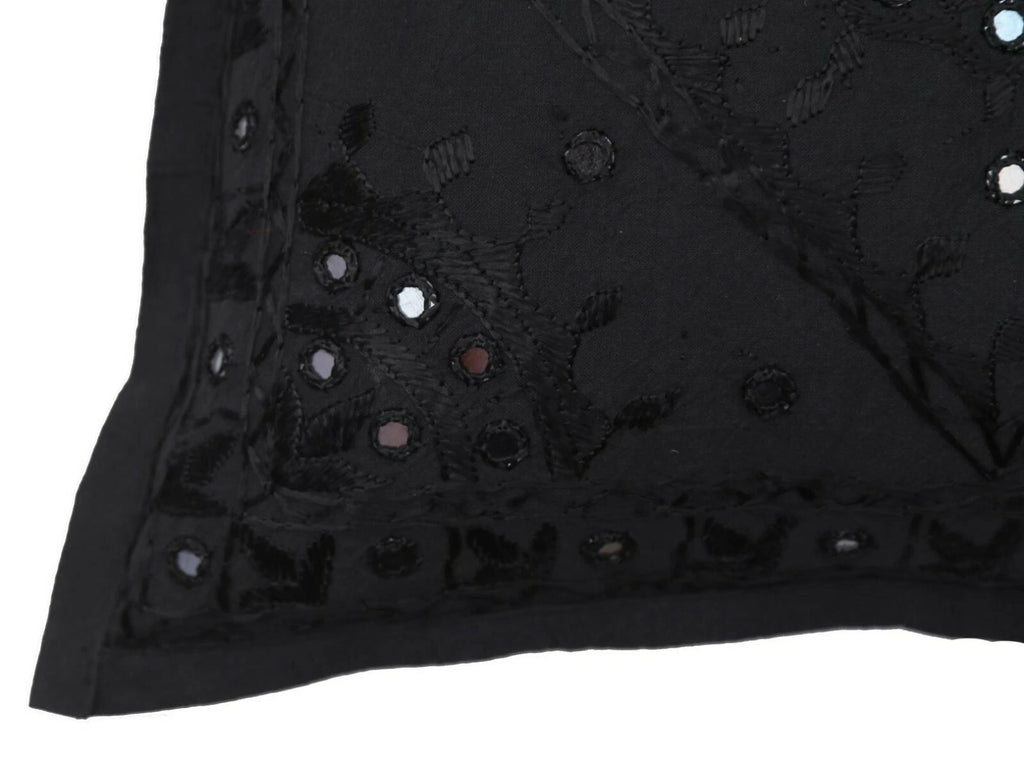 16" Decorative Mirror Embroidered Pucca Cushion Pillow-Cover Sofa Throw Black