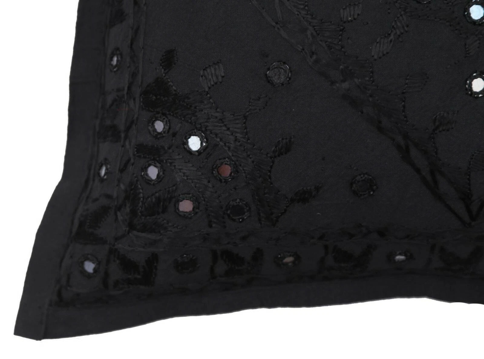 16" Decorative Mirror Embroidered Pucca Cushion Pillow-Cover Sofa Throw Black