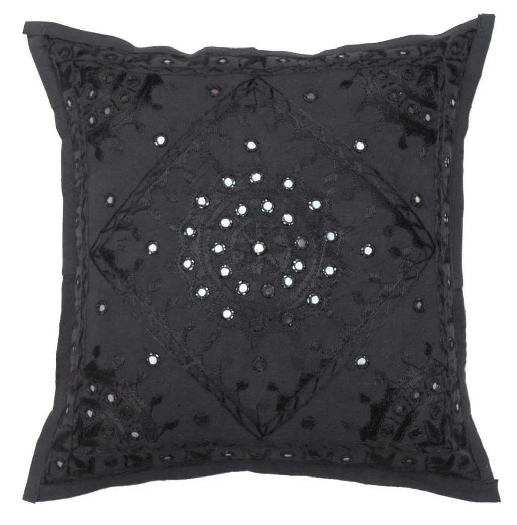 16" Decorative Mirror Embroidered Pucca Cushion Pillow-Cover Sofa Throw Black