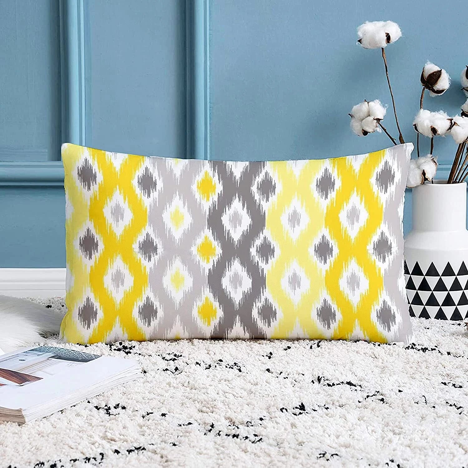 Yellow Grey Printed Canvas Cotton Cushion Covers, Yellowgrey Combo Set of 2
