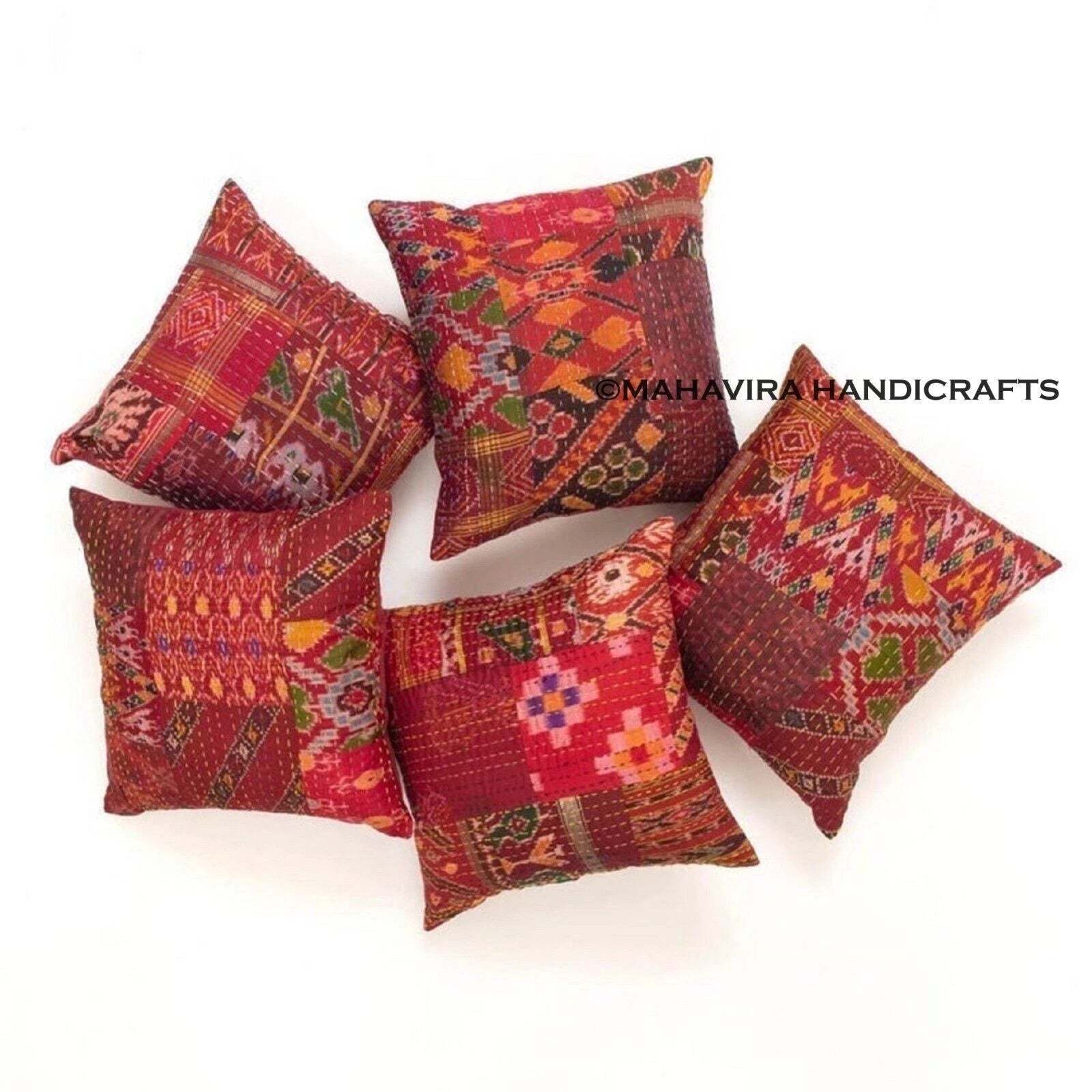Set of 5 Patchwork Patola Silk Ethnic Red Sofa Pillow Decorative Cushion cover