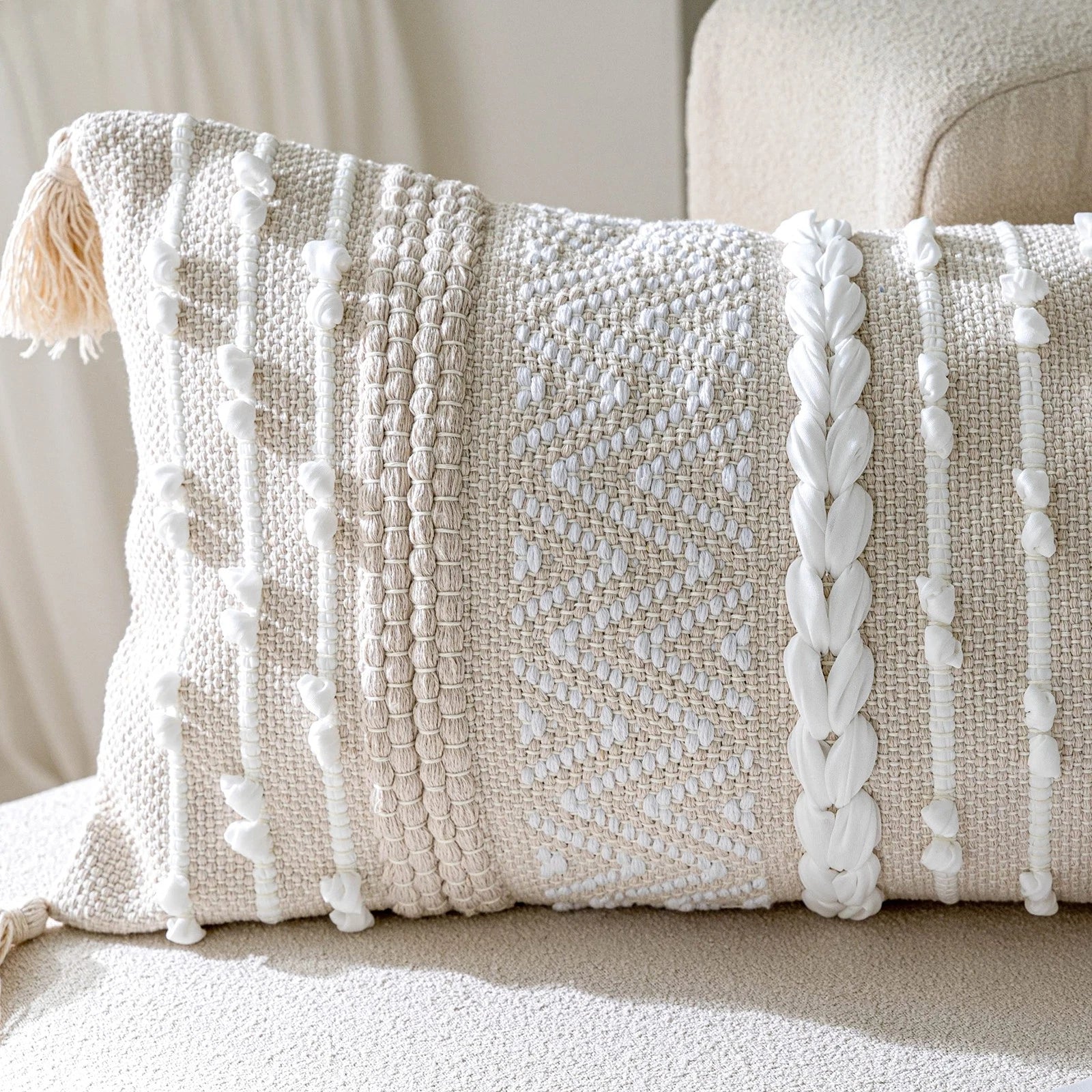 Cream Decorative Lumbar Throw Pillow Cover 14x36 Boho Long Cushion for Bed Ne...