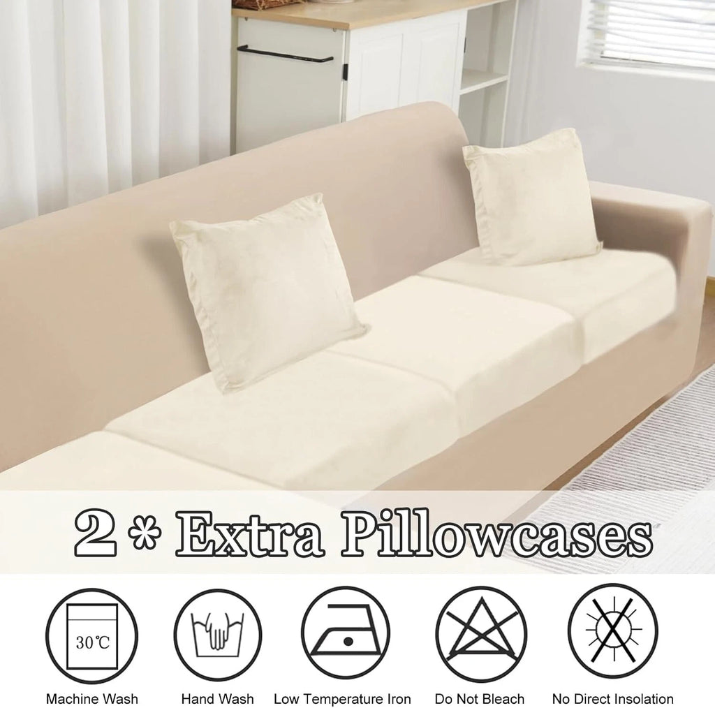 Universal Stretch Velvet L-Shape Couch Slipcovers with 2 Pillowcases - Cream