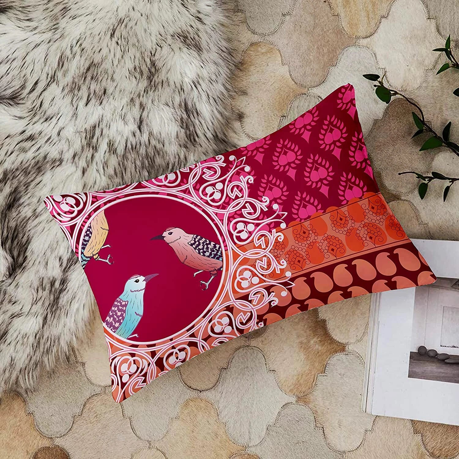 Birds Printed Cotton Canvas Rectangular Premium Quality Cushion Covers, Set of 2