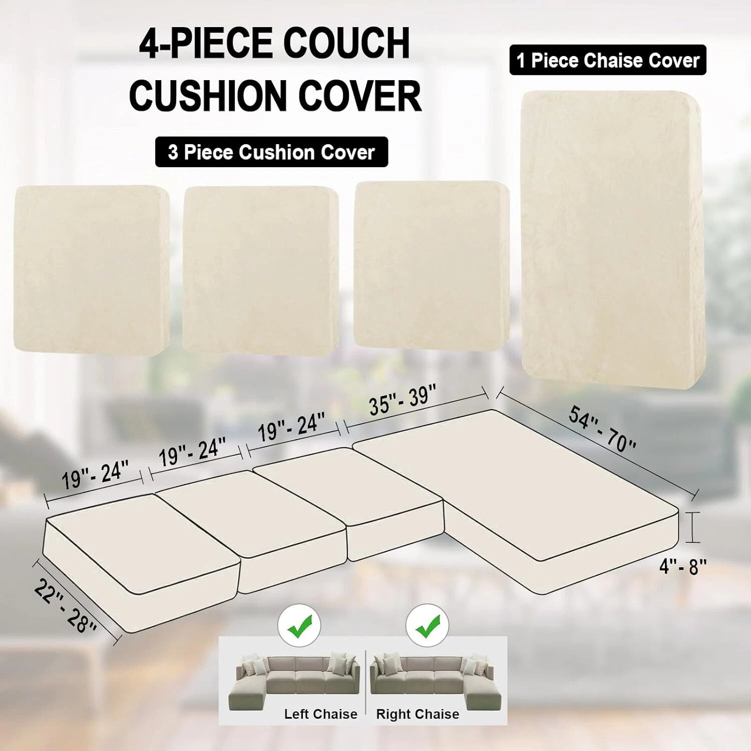 Universal Stretch Velvet L-Shape Couch Slipcovers with 2 Pillowcases - Cream