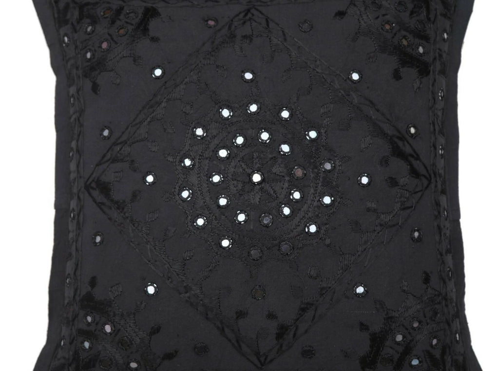 16" Decorative Mirror Embroidered Pucca Cushion Pillow-Cover Sofa Throw Black
