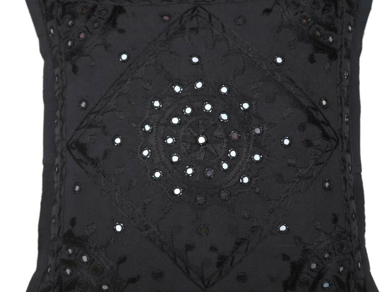 16" Decorative Mirror Embroidered Pucca Cushion Pillow-Cover Sofa Throw Black