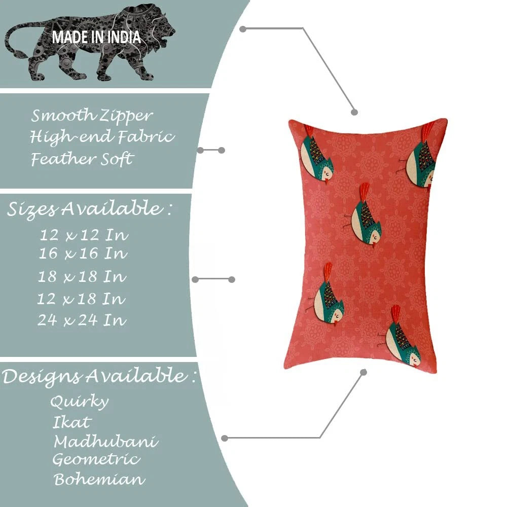 Birds Printed Canvas Cotton Cushion Covers, Combo Set of 2 ( 12 x 18 Inches )