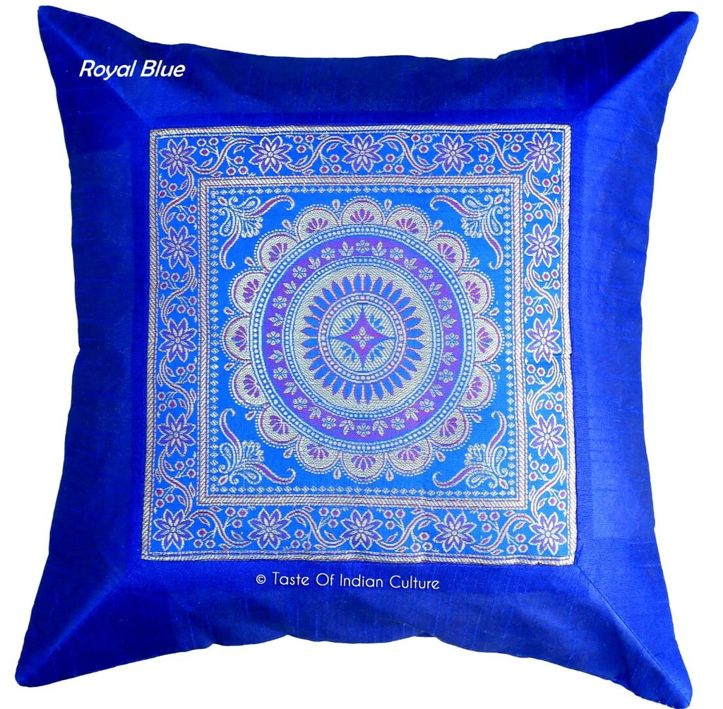 16" Indian Mandala Printed Dupioni Silk With Brocade Cushion Cover Royal Blue