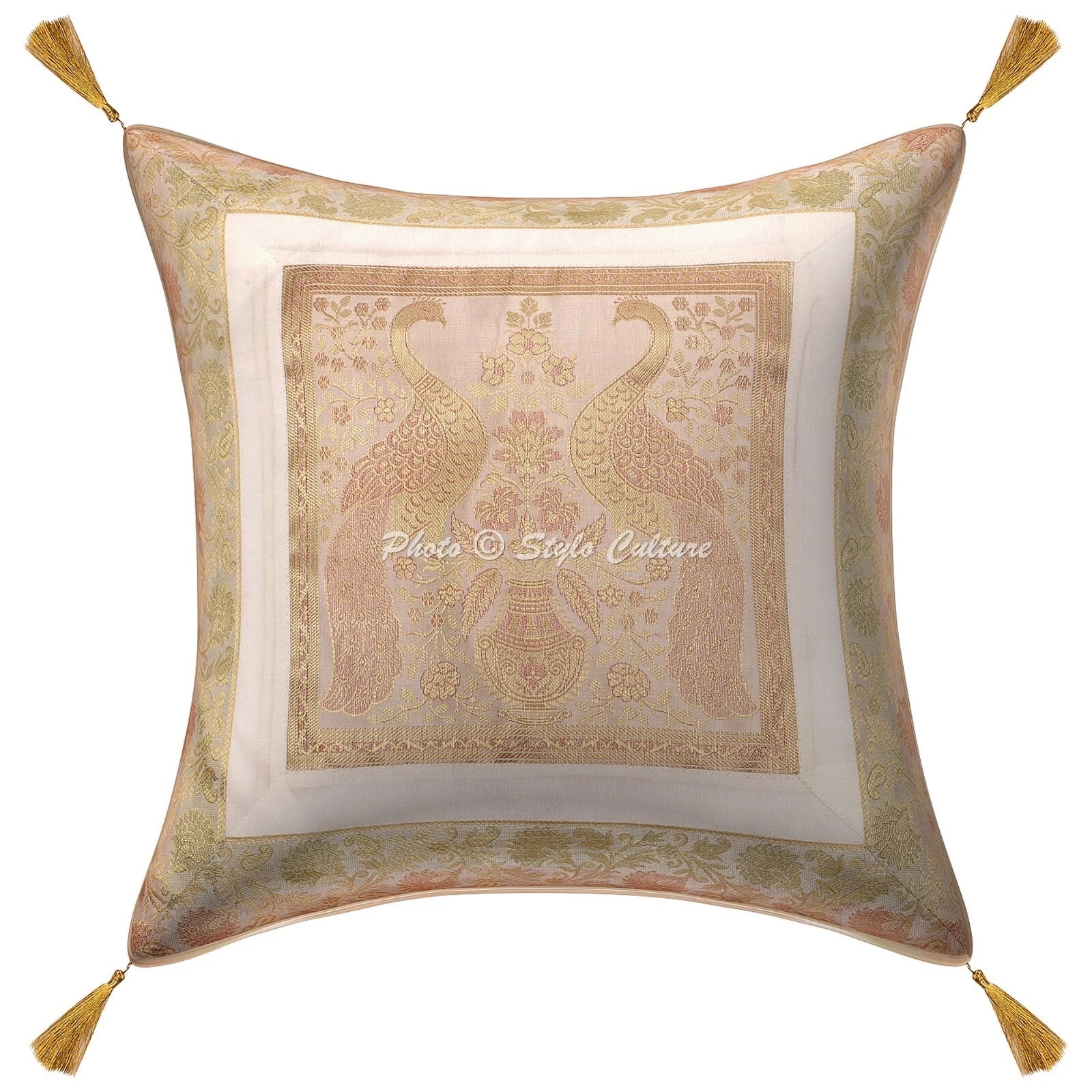 White Cushion Cover Brocade Jacquard Gypsy Boho Tribal Ethnic Hippie Pillow