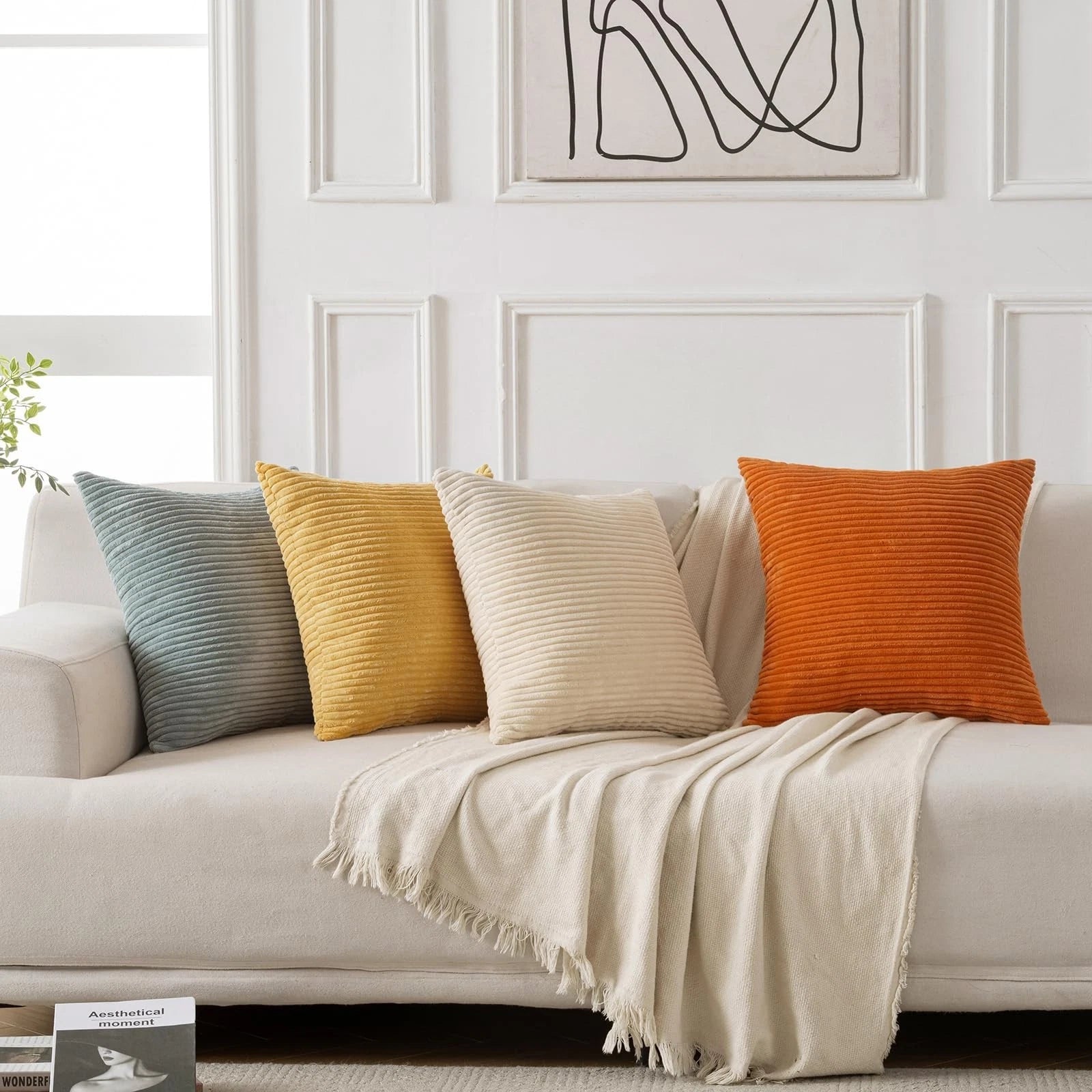Volcanics Set of 4 Orange Teal Corduroy Decorative Couch Throw Pillow Covers ...