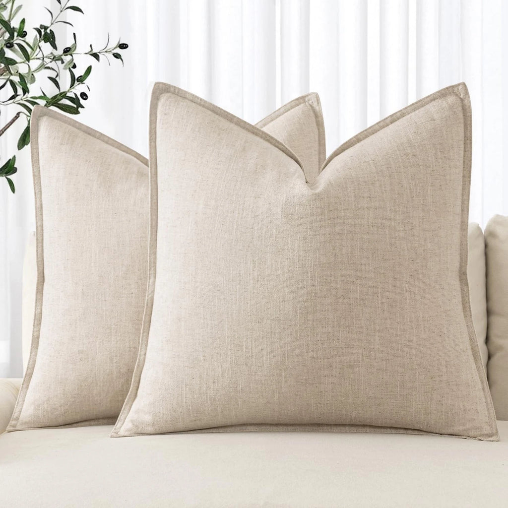 Decorative Linen Pillow Covers 20x20 Inch Natural Beige Boho Farmhouse Neu...