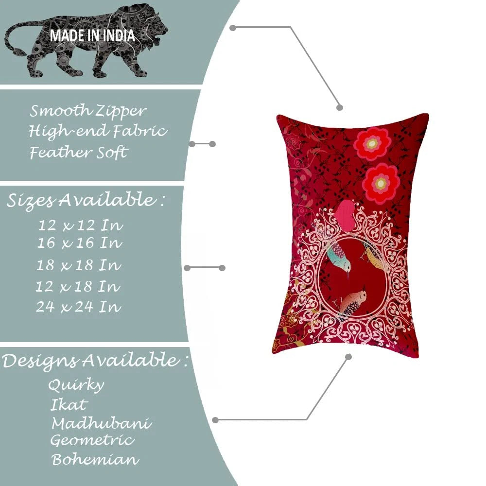 Birds Printed Cotton Canvas Rectangular Premium Quality Cushion Covers, Set of 2