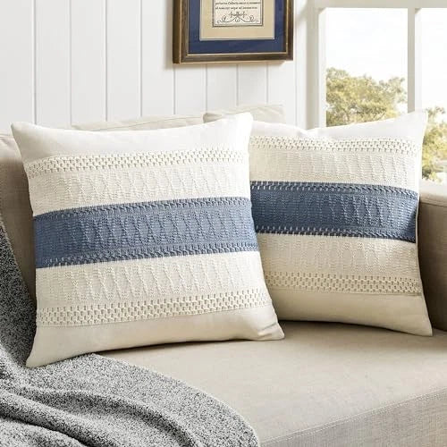 2 Packs Cotton Boho Throw Pillow Covers 18" x 18" (Pack of 2) Contrast/Blue