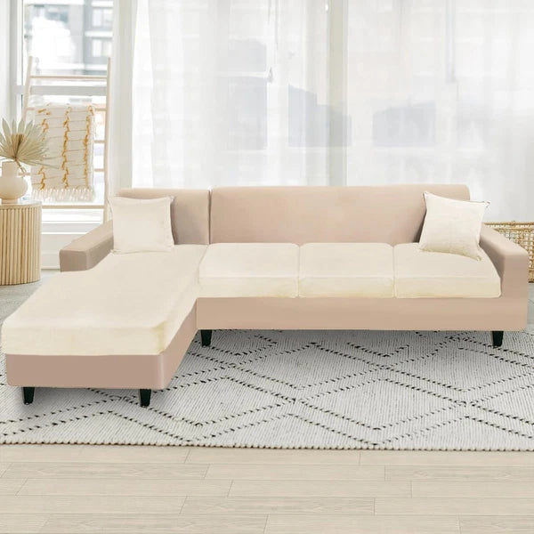 Universal Stretch Velvet L-Shape Couch Slipcovers with 2 Pillowcases - Cream