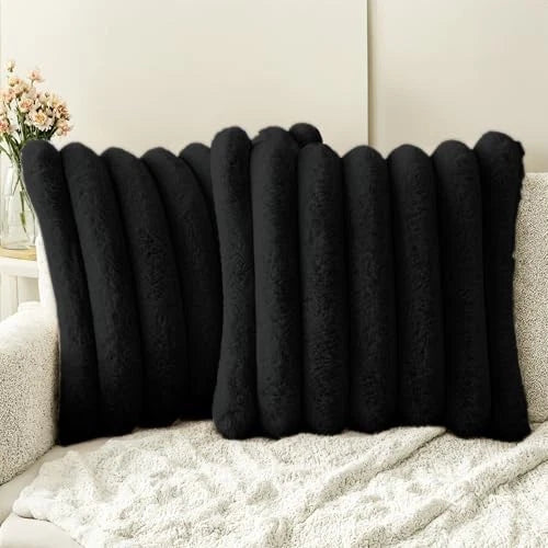 Faux Fur Throw Pillow Covers 26x26 Inch Set of 26" x 26" (Pack of 2) Black