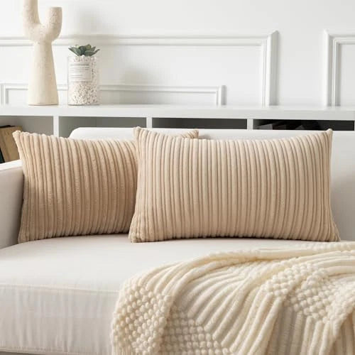 Kevin Textile Corduroy Pillow Covers 12x20 Inch Set 20" x 12" (Pack of 2) Beige