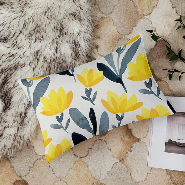 Yellow Grey Printed Canvas Cotton Cushion Covers, Yellowgrey Combo Set of 2
