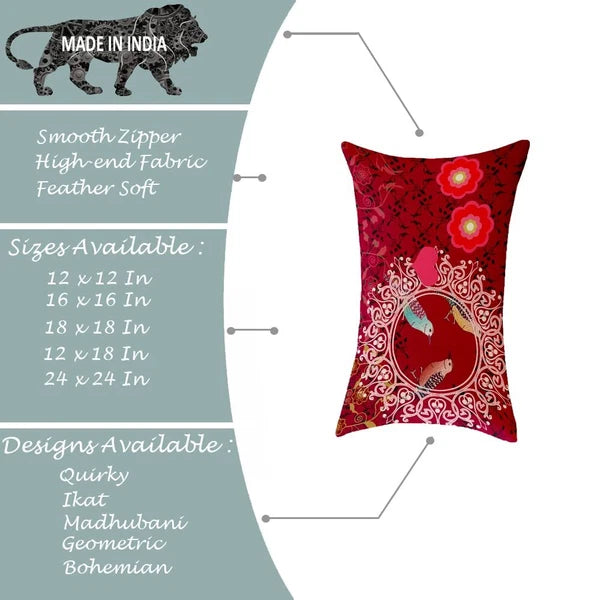 Birds Printed Cotton Canvas Rectangular Premium Quality Cushion Covers, Set of 2
