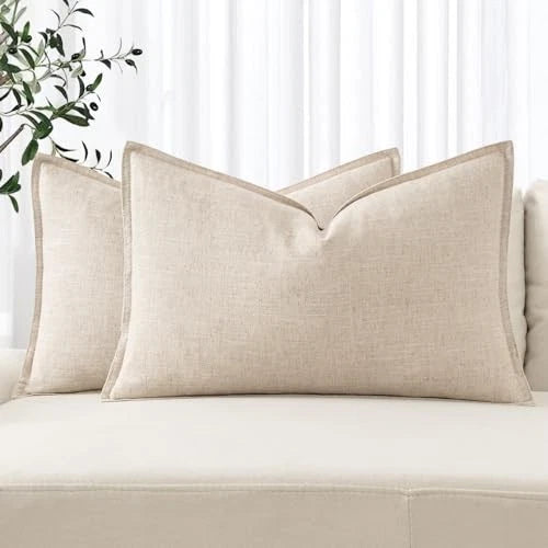 Decorative Linen Lumbar Pillow Covers 20" x 12" (Pack of 2) 2 Natural Beige
