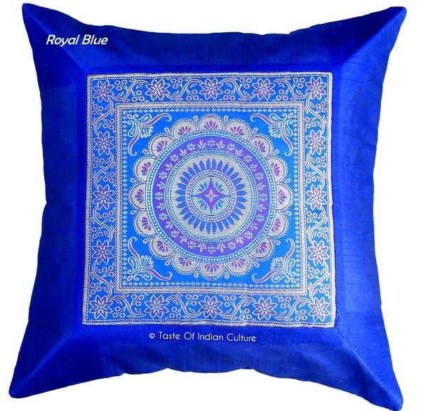 16" Indian Mandala Printed Dupioni Silk With Brocade Cushion Cover Royal Blue