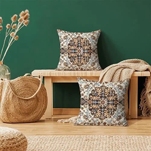 Boho Pillow Covers 16x16 Inch Set of 16" x 16" (Pack of 2) Blue Brown Boho