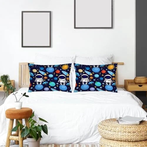 Throw Pillow Cover Queen Size Set of 2,Cartoon Space Astronauts Rockets Blue