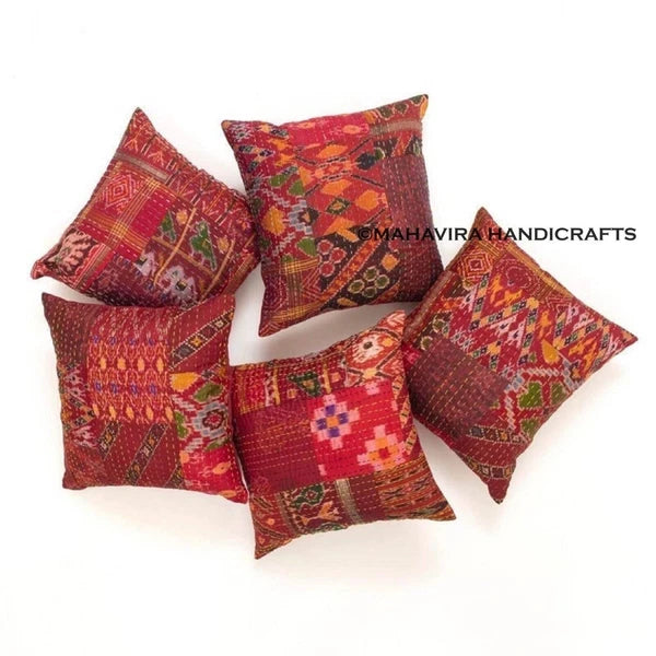 Set of 5 Patchwork Patola Silk Ethnic Red Sofa Pillow Decorative Cushion cover