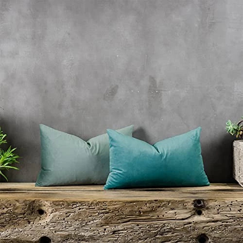 Decorative Lumbar Velvet Throw Pillow Covers 12" x 20" (Pack of 2) Seafoam
